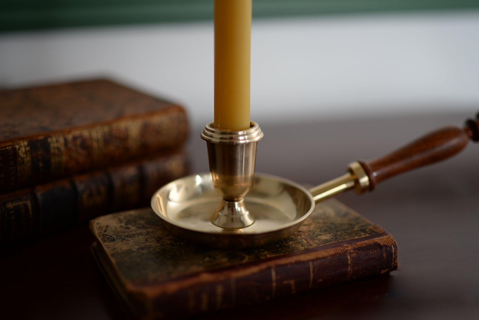 Brass Base Wooden Handled Chamberstick