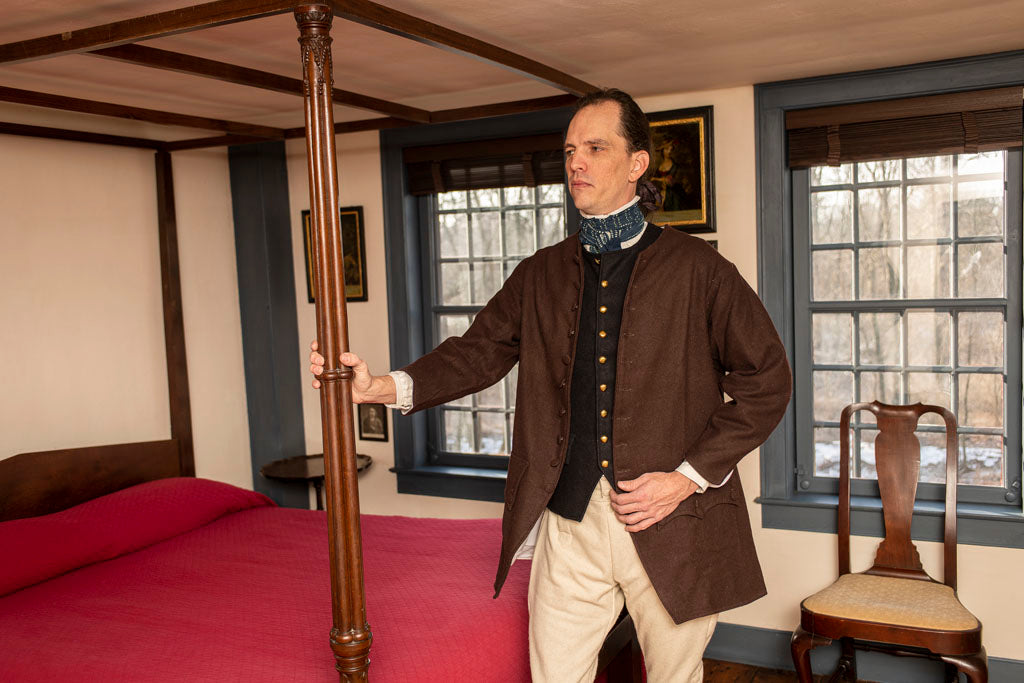 Blue 1770' Waistcoat being worn with Colonial American clothing.