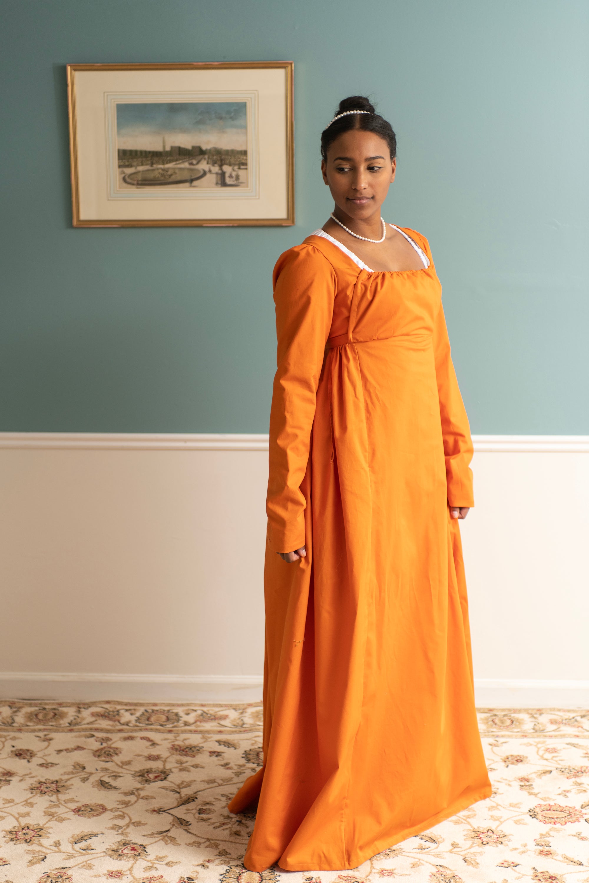Sunset Orange Long Sleeve | Regency Gown - Samson Historical Sunset Orange Long Sleeve | Regency Gown - Samson Historical