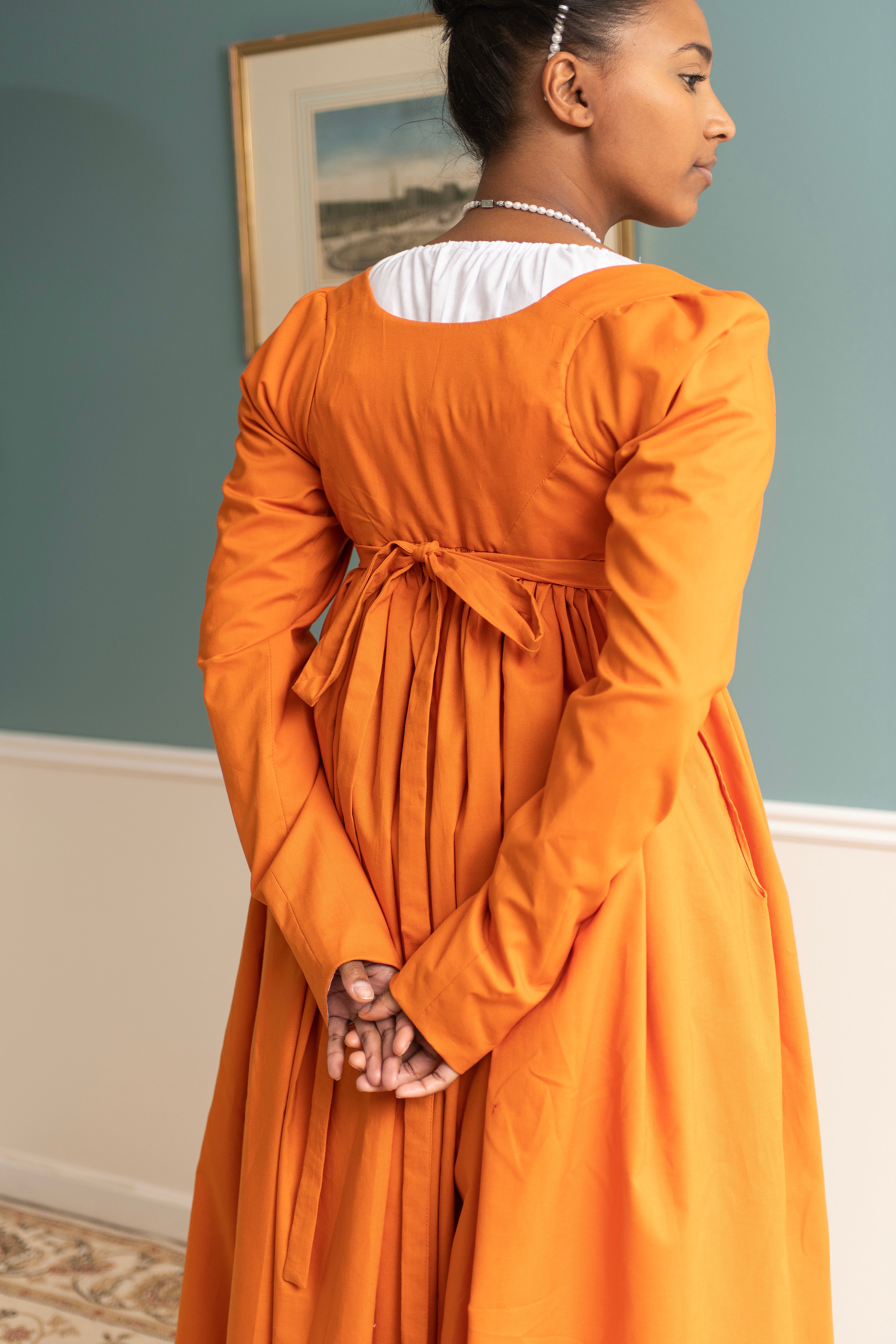 women's orange dress Universal Standard Plus Size Sunshower Flowy Linen light stretch Sunset Orange Long Sleeve |