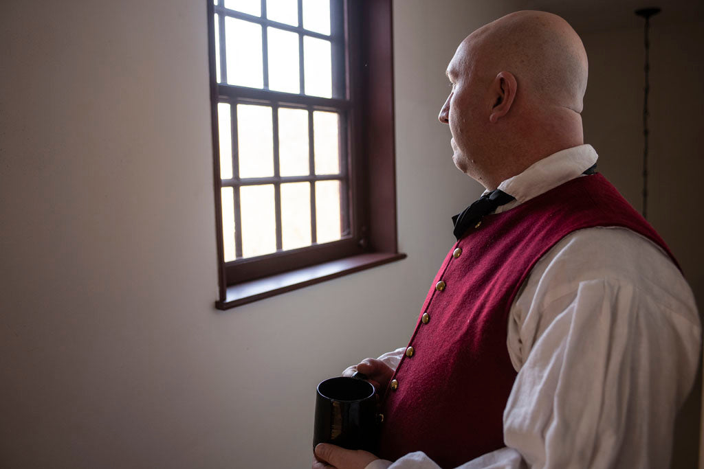 Red 1760's Waistcoat worn in Colonial American home.