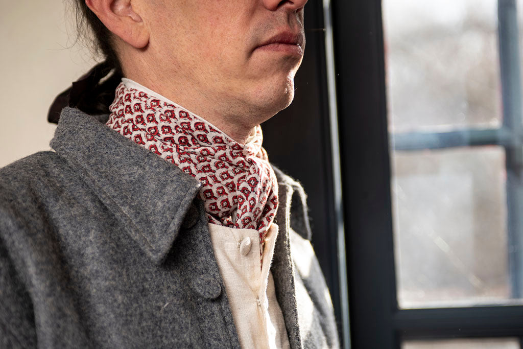 Colonial American Man Wearing 18th Century Block Printed Cravat