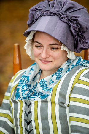Colonial American Reenactor wearing hand printed cotton scarf from Samson Historical.
