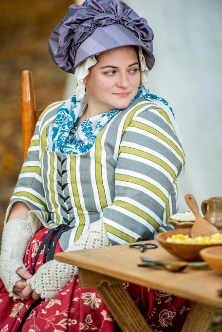 18th Century Reenactor wearing Hand printed scarf from Samson Historical.
