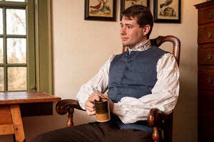 18th Century Blue Linen Waistcoat being worn with Colonial American Clothing.