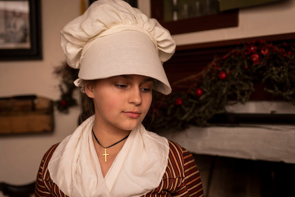 18th Century Market Bonnet from Samson Historical - White Linen