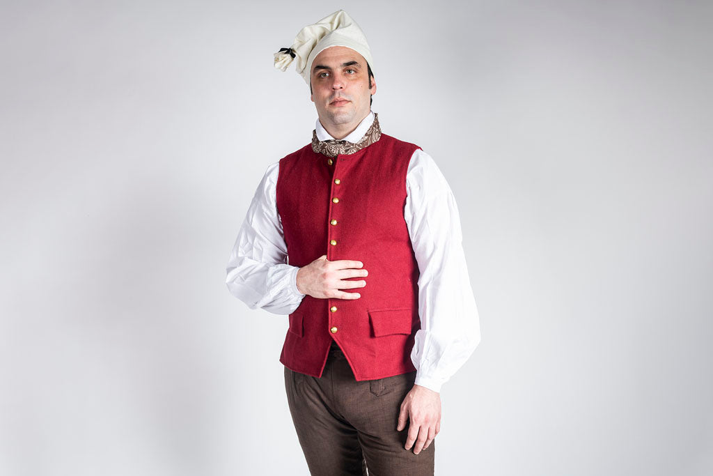 Red 1770's Waistcoat being displayed on model wearing Colonial American Clothing.